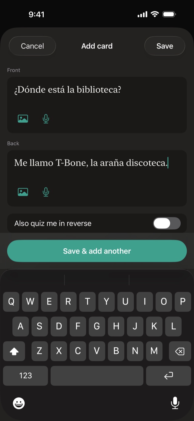 Card editor in dark mode: a Spanish card being typed, with image and audio buttons and a quiz-in-reverse switch