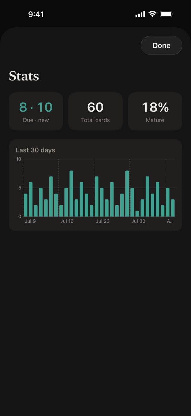 Stats screen in dark mode: due and new counts, total cards, mature percentage, and a 30-day review bar chart