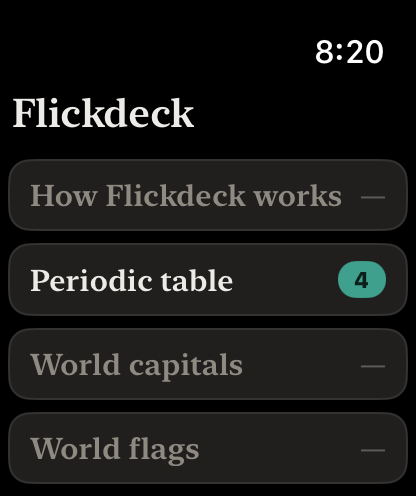 Apple Watch deck list: four decks, one showing a due-count badge