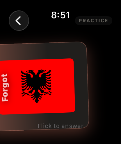 Apple Watch mid-review: a flag card flicked left with a red Forgot label