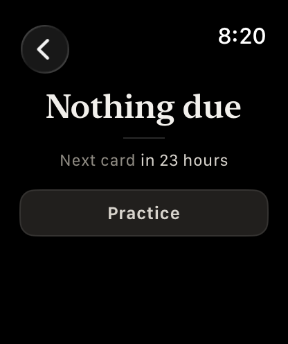 Apple Watch showing 'Nothing due', the next card in 23 hours, and a Practice button